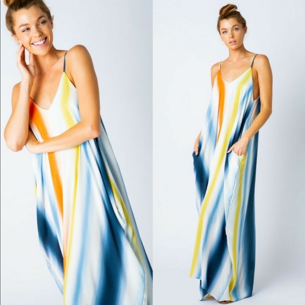 Blue, orange and yellow striped maxi dress